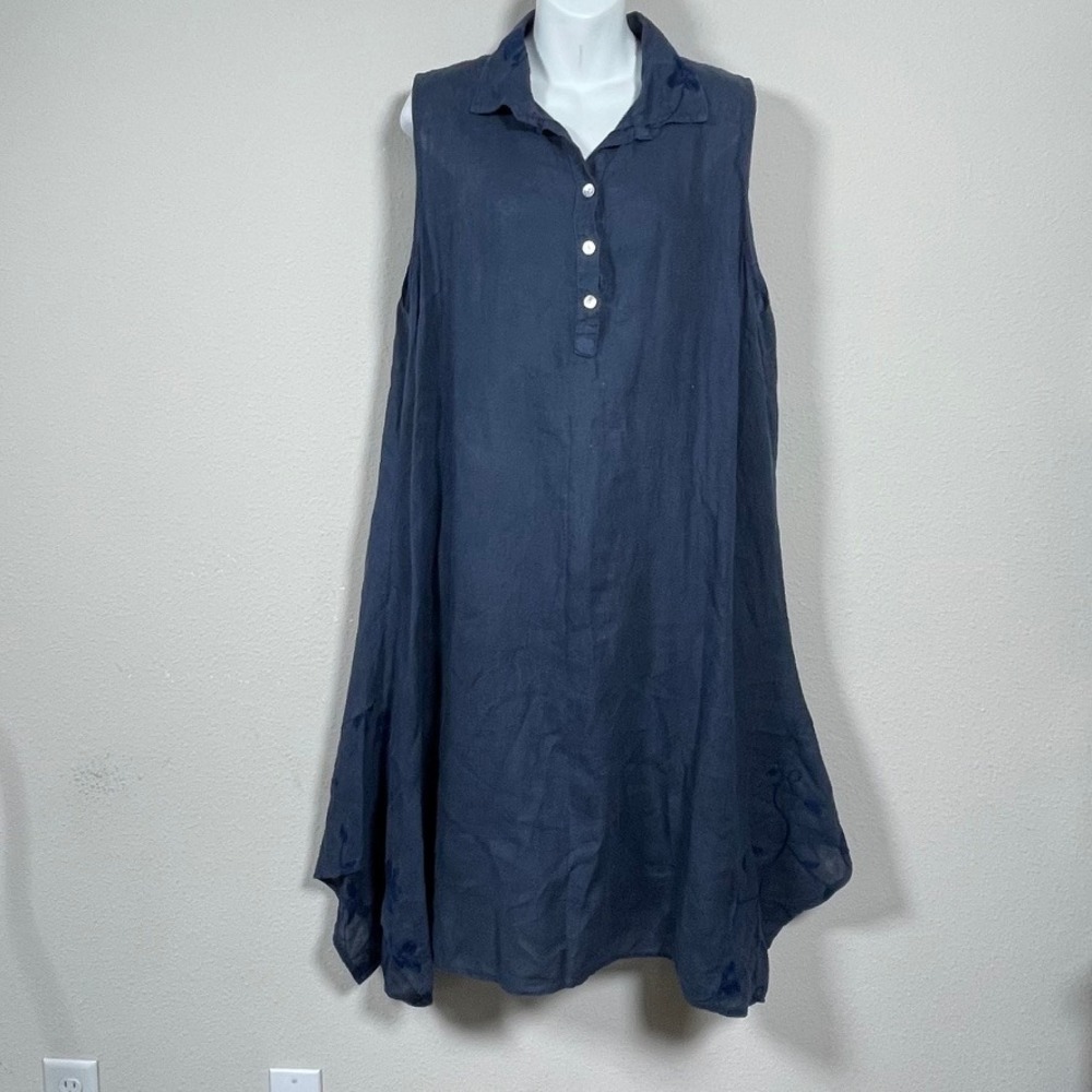 Made in Italy Linen Dress Womens L Blue Coastal Lagenlook Embroidered Sharkbite
